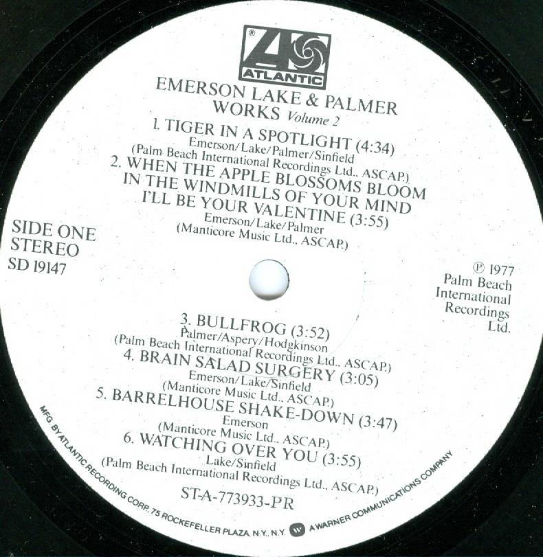 Emerson, Lake and Palmer Works vol 2 [lp label a us]